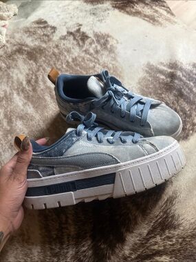 Puma Denim-Style Platform Sneakers in Light Blue with Tan Pull Tab